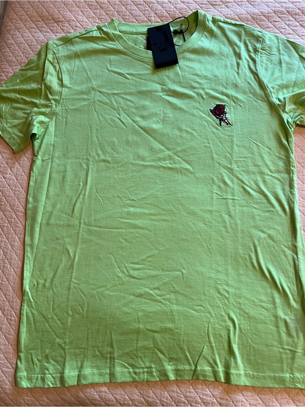 Women's Lime Green Short Sleeve Tee with Embroidered Rose